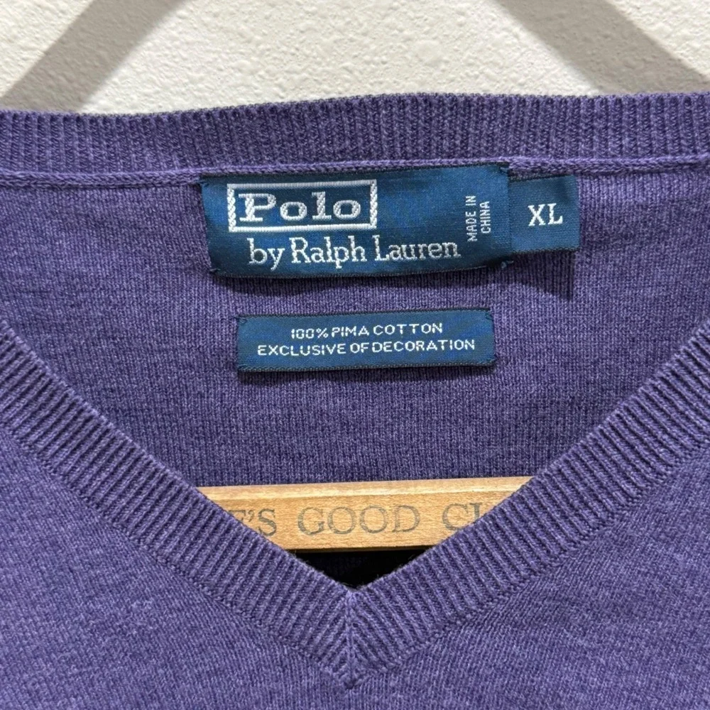 VTG Polo Ralph Lauren Pima Cotton V-Neck Sweater Mens‎ XL Long Sleeve Pony Logo